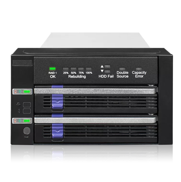 2.5/3.5インチ SATA HDD/SSD搭載用RAIDユニット 2 x 5.25インチベイサイズ RAID 1 & JBODモード対応