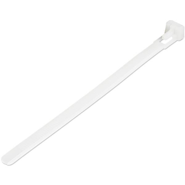 結束バンドリピートタイプ/繰り返し使えるリピートタイ/100本入りパック/ホワイト/長さ15cm/幅7mm/ケーブル束の直径35mm/引張強度22kg/屋内、屋外対応/UL94V-2規格認定品