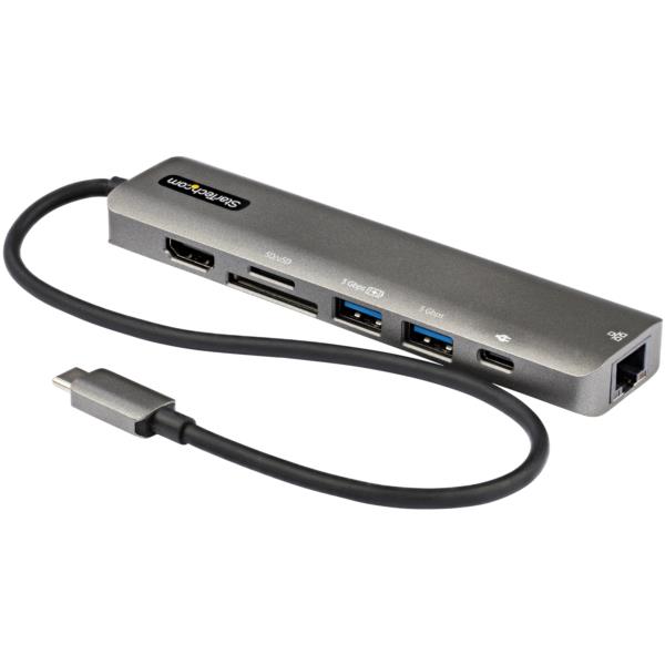USBType-Cマルチ変換アダプター/4K60HzHDMI2.0/100WUSBPD/SD&microSDスロット/2ポートUSB3.0ハブ/ギガビット有線LAN/本体一体型30cmケーブル