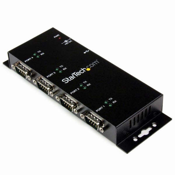 ウォールマウント型産業用 USB - 4ポートRS232Cシリアル変換ハブ DINレールクリップ付き COMポート番号保持機能 FTDIチップセット使用 1x USB A - 4x DB-9/D-Sub 9ピン