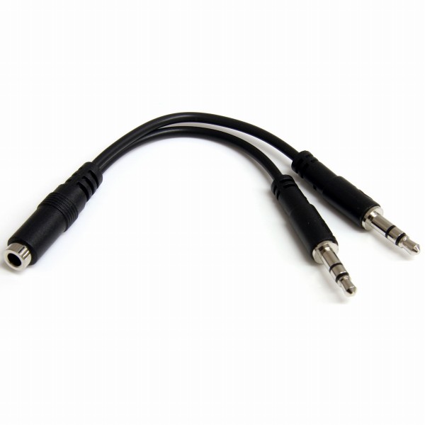 3.5mm4極ステレオミニプラグ用オーディオ・マイク分岐ケーブル4極ステレオミニジャック(メス)x1-3極ステレオミニプラグ(オス)x2分配ケーブルブラック
