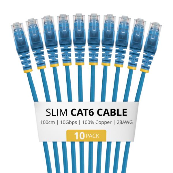CAT6スリムLANケーブル/10本セット/1m/ブルー/RJ45/100W PoE/UTP/LSZH/カテゴリ6