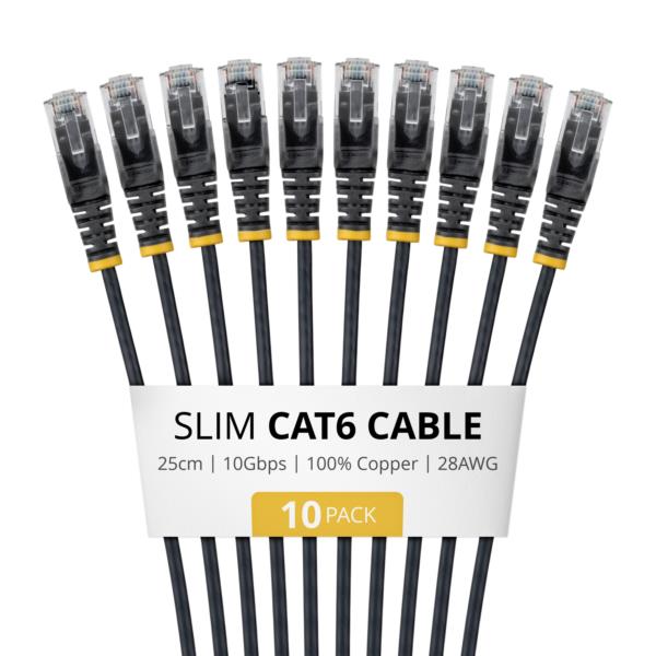 CAT6スリムLANケーブル/10本セット/25cm/ブラック/RJ45/100W PoE/UTP/LSZH/カテゴリ6