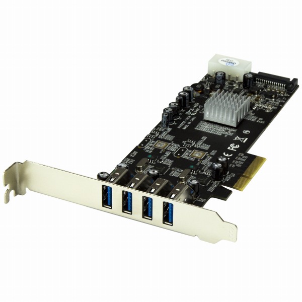 SuperSpeedUSB3.04ポート増設PCIExpress/PCIex4インターフェースカード2個の専用5GbpsチャネルUASP対応SATA(15ピン)/ペリフェラル(4ピン)電源端子付き