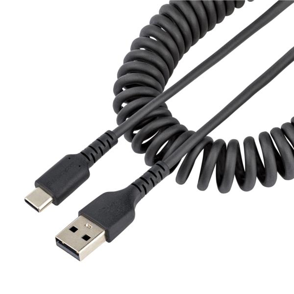 高耐久USB-A-USB-Cケーブル50cmコイル(伸縮)型/アラミド繊維補強/オス-オス/USB2.0A-USBTypeCケーブル/タイプC充電カールコード