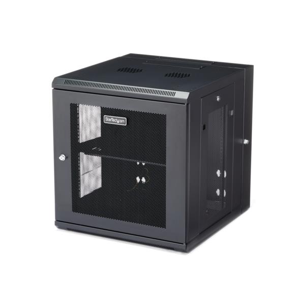 19インチ サーバーラック/12U/4ポスト/壁掛けタイプ/取付奥行6cm-50cm/ロック付きラックキャビネット/通気スリット・メッシュ/180度ヒンジ