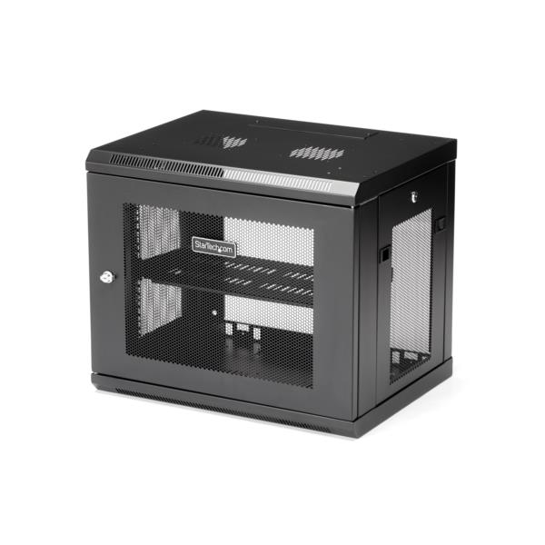 19インチサーバーラック/9U/2ポスト/壁掛けタイプ/取付奥行15cm-38cm/ロック付きラックキャビネット/通気スリット・メッシュ