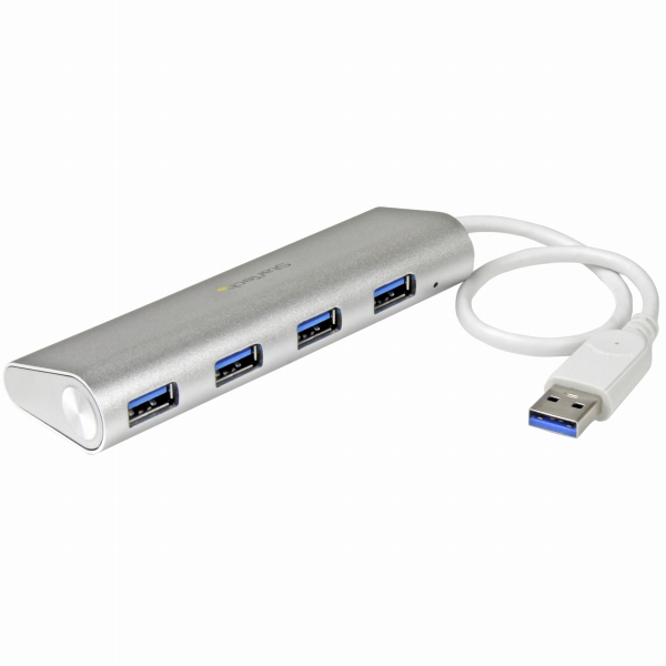 4ポートポータブルUSB3.0ハブ(ケーブル内蔵)1xUSBA(オス)-4xUSB3.0A(メス)シルバー&ホワイト