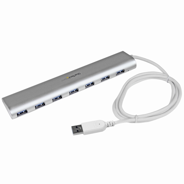 7ポートUSB3.0ハブ(ケーブル一体型)シルバーアルミニウム筐体20W対応ACアダプタ付属