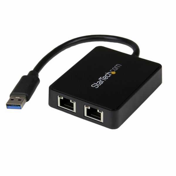 USB3.0-2ポートGigabitEthernetLANアダプタブラック(USBポートx1付き)10/100/1000MbpsNICネットワークアダプタUSBSuperSpeed(オス)-2xRJ45(メス)有線LANアダプタ