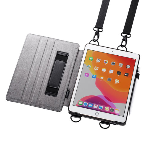 iPad 10.2インチ スタンド機能付きショルダーベルトケース（ブラック）