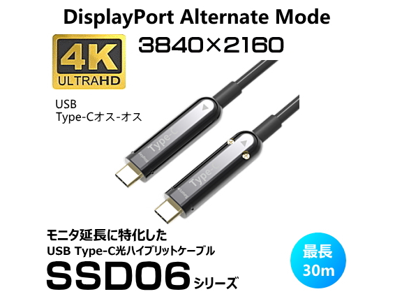 DP Alt Mode対応、映像音声転送/USB Type-C光ハイブリッド延長ケーブル 30m