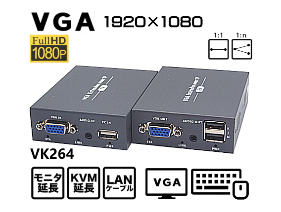 LANケーブル利用VGAモニタKVMエクステンダー/最大200m（送受信器セット）